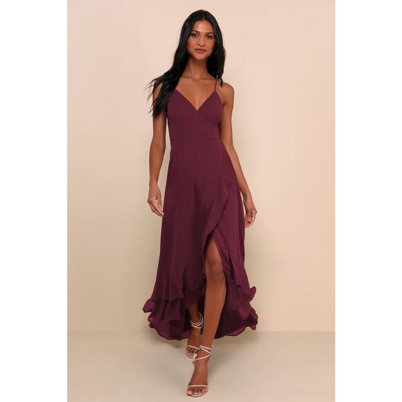 NWOT Lulus In Love Forever Plum Lace-Up High-Low Maxi Dress Wedding Prom Size XL - Picture 1 of 7